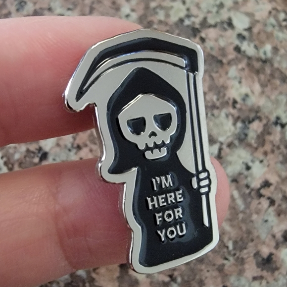 *2 for $13* Skeleton Grim Reaper "I'm Here For You" Halloween Enamel Pin - Picture 2 of 3